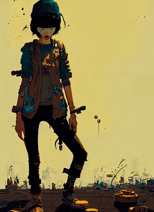 Image similar to highly detailed portrait of a sewer punk young lady by atey ghailan, james gilleard, by joe fenton, by greg rutkowski, by greg tocchini, by kaethe butcher, 4 k resolution, gradient yellow, black, brown and cyan color scheme, grunge aesthetic!!! ( ( dystopian graffiti tag wall in background ) )