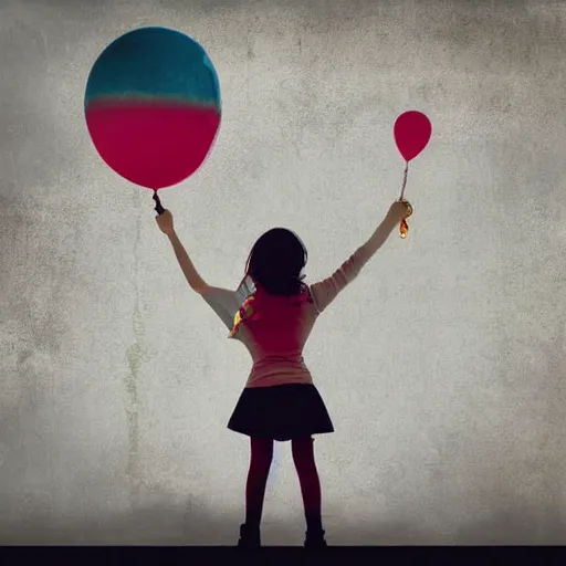 Image similar to a girl holding a balloon at a fairground. buildings with graffiti. silhouette. photograph illustration in the style of simon stalenhag