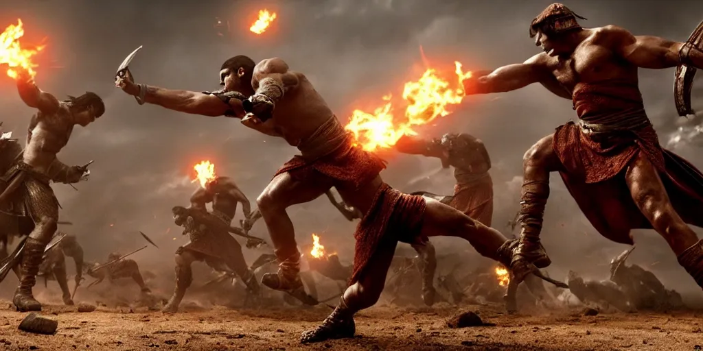 Image similar to epic battle screen of hero, film still from the movie'3 0 0'( 2 0 0 6 ), 3 d, 8 k realistic, cryengine, playstion 5 screen, cinematic lighting