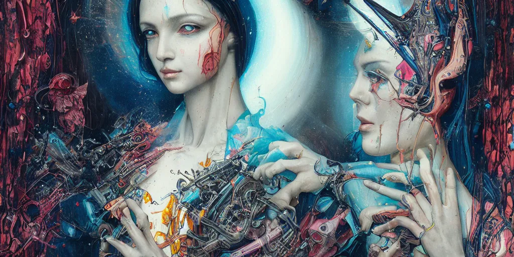 Image similar to portrait of Virgin Mary,8k,by tristan eaton,Stanley Artgermm,Tom Bagshaw,Greg Rutkowski,Carne Griffiths, Ayami Kojima, Beksinski, Giger,trending on DeviantArt,face enhance,hyper detailed,minimalist,cybernetic, android, blade runner,full of colour, super detailed