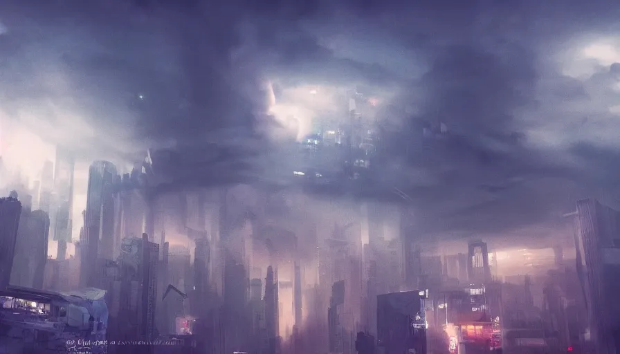 Prompt: man in sky falling through clouds over a dark cyberpunk city, digital art, volumetric lighting, dystopia, artstation, concept art, painting