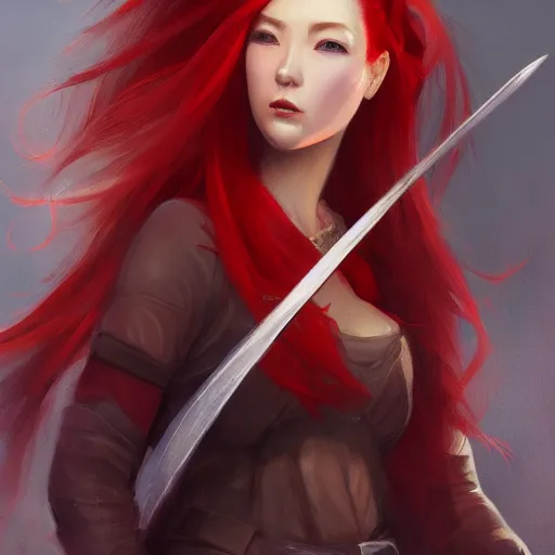 Image similar to a painting of a woman with red hair holding a sword, a digital painting by Yun-Fei Ji, deviantart contest winner, fantasy art, detailed painting, artstation hd, concept art