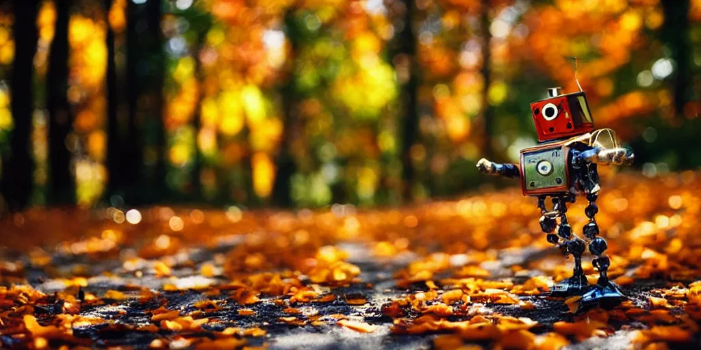 Prompt: small robot on forest road, 1970s photo, kodachrome, bokeh, autumn colors, backlit, long shot