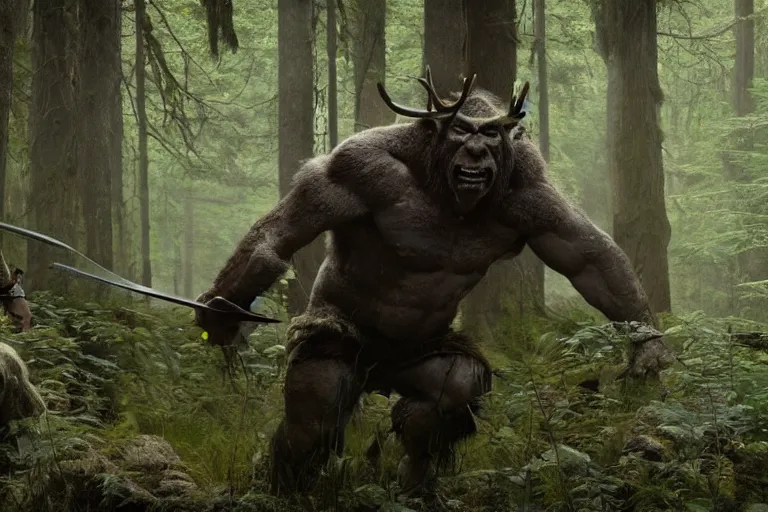 Image similar to vfx movie closeup detailed ancient warrior orc hunting elk in the forest, natural lighting by emmanuel lubezki