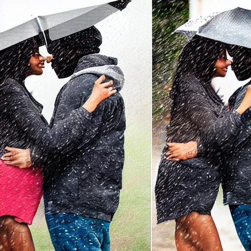Prompt: white woman and black man hugging and kissing in the rain. hyper realistic. photorealistic