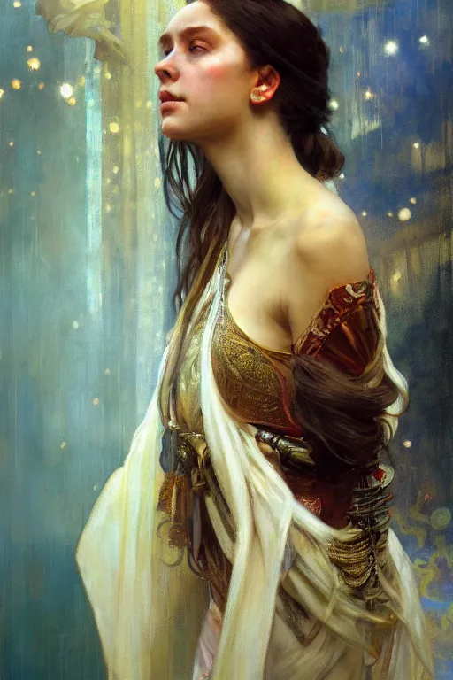 Image similar to hyperrealist portrait of a girl emperorit is decorated with long robes that fall like stars. by jeremy mann and alphonse mucha, fantasy art, photo realistic, dynamic lighting, artstation, poster, volumetric lighting, very detailed faces, 4 k, award winning