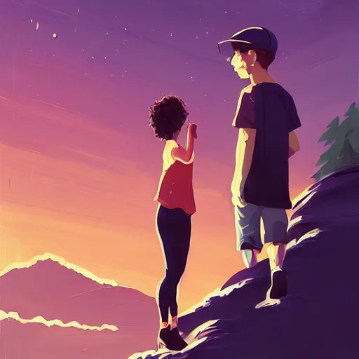 Prompt: a man and a woman, the boy is bald with a brown baseball hat, the girl has short curly black hair, there is also a white cat, art by Alena Aenami