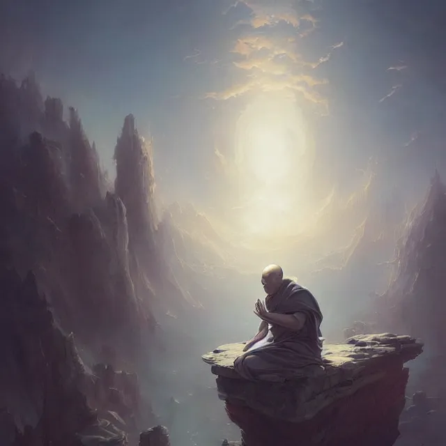 Image similar to in the style of peter mohrbacher, a glowing monk floating and meditating on a rock, dystopian landscape, intricate, masterpiece, award winning, fantasy, hyperrealism intricate