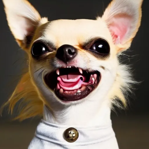 Prompt: creepy chihuahua baring its teeth with soulless evil eyes