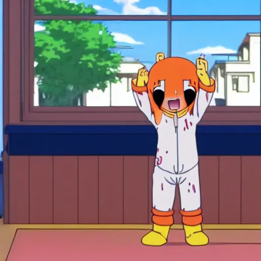 Prompt: umaru from the anime waking up and stretching