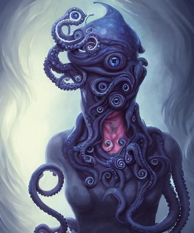 Prompt: cute friendly illithid with tentacle face by charlie bowater and titian and artgerm, full - body portrait, intricate, face, cavern, elegant, indigo mist, beautiful, highly detailed, dramatic lighting, sharp focus, trending on artstation, artstationhd, artstationhq, unreal engine, 4 k, 8 k