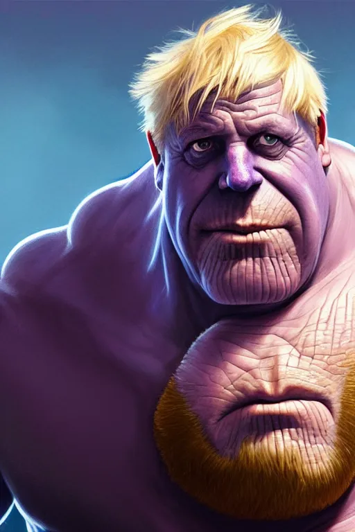 Prompt: Boris Johnson as Thanos, Boris Johnson hairstyle, calm, grumpy, portrait, masculine figure, highly detailed, digital painting, artstation, concept art, smooth, sharp focus, illustration, cinematic lighting, art by artgerm and greg rutkowski and alphonse mucha