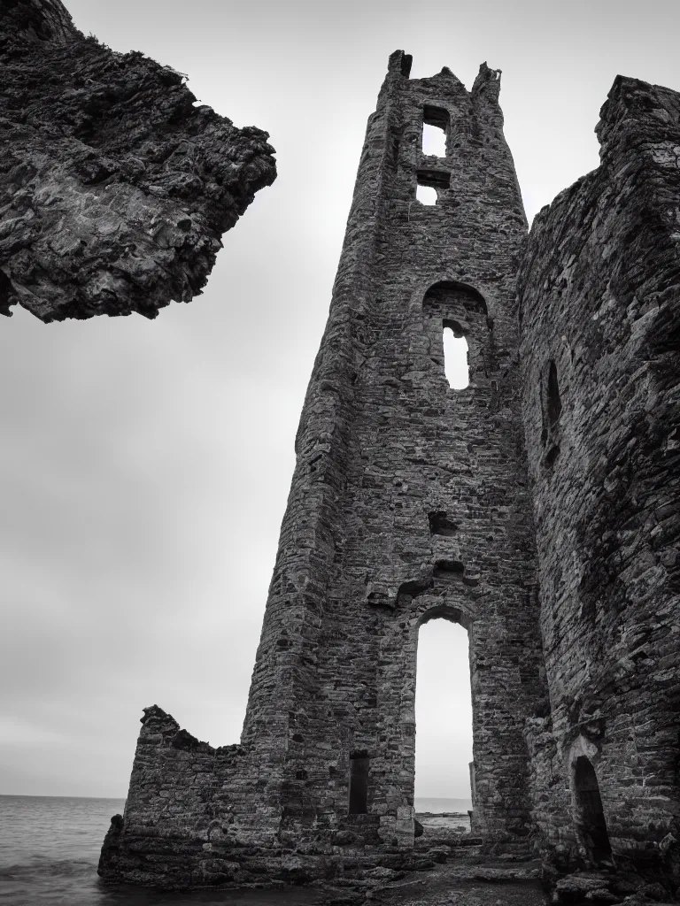 Prompt: long exposure photography of a tall gothic tower ruin in the sea, photorealistic, minimalism, black and white fine art photography