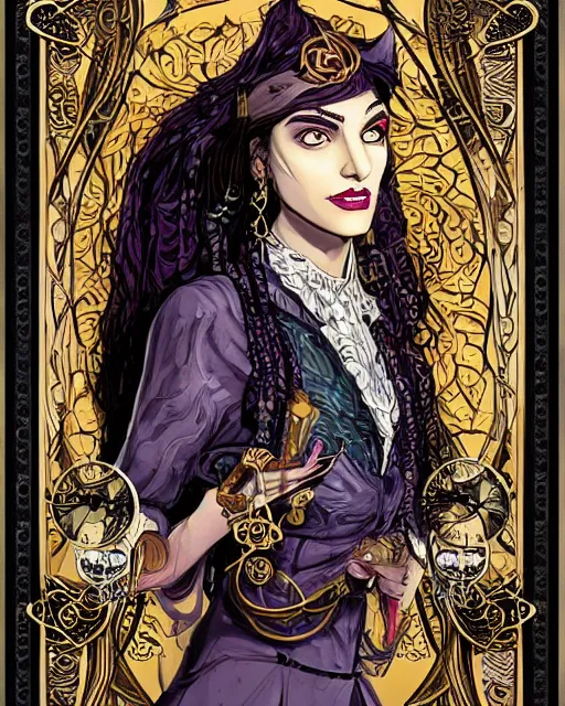 Image similar to a detailed portrait illustration of a steampunk wizard - noble - merchant. beautiful transgender arabic female face. art nouveau, pop art, comic book style. influenced by neil gaiman, h. p. lovecraft, dan mumford, brian froud, vadim voitekhovitch, killian eng, ross tran.