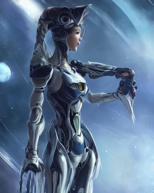 Image similar to beautiful girl on a mothership, android, warframe armor, pretty face, scifi, futuristic, galaxy, raytracing, dreamy, perfect!!!, digital painting, long white hair, blue cyborg eyes, sharp focus, concept art, highly detailed, artstation, intricate, innocent, art by gauthier leblanc, kazuya takahashi, huifeng huang