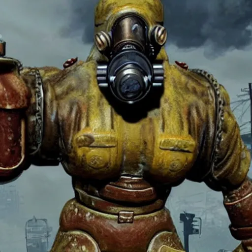 Prompt: fallout super mutant death claw in gas mask