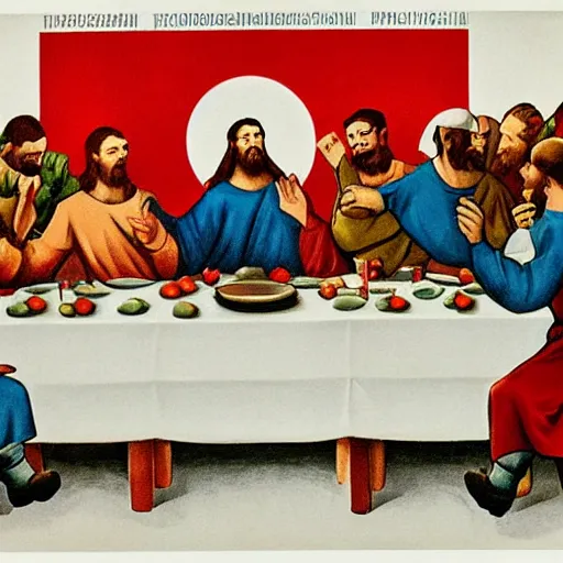 Image similar to a World War II Russian Soviet propaganda poster of The Last Supper