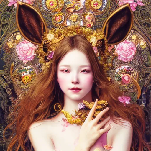 Prompt: a masterpiece ultrarealistic ultradetailed portrait of beautiful girl in bunny costume sprinkling champagne baroque renaissance. medium shot, intricate, elegant, by stanley artgerm lau, wlop, alphonse mucha, rossdraws, andrei riabovitchev, yoshitaka amano. flower background my james jeand and takashi murakami.