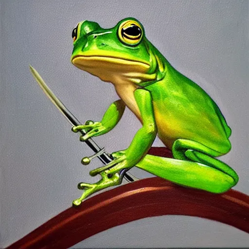 Image similar to frog with a sword, oil painting