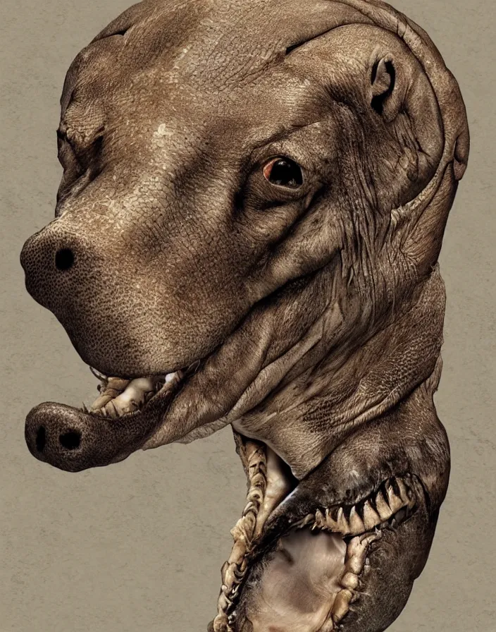 Prompt: portrait of muscular animal human merged head dolphin skin, solid background, scales skin dog, merged monkey head, hippo face morphed, gills, horse head animal merge, morphing dog head, animal eyes, merging crocodile head, anthropomorphic creature