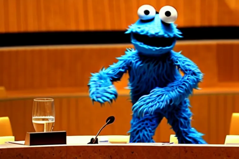 Image similar to Cookie Monster addressing the UN