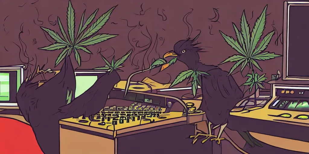 Image similar to 'black chicken'!!! smoking 'cannabis'!!!!!! in front of 'audio console'!!!! and 'multi monitors'!!!! 'in a hi-tech tv broadcasting studio'!!!!, artwork by James Gilleard