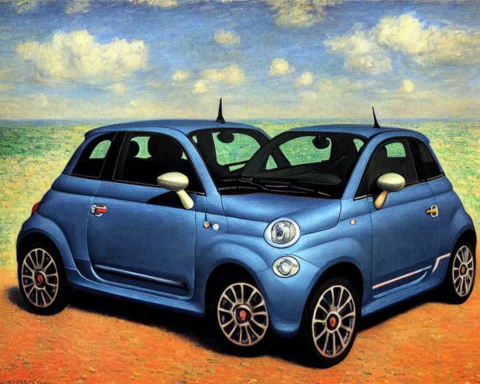 Prompt: achingly beautiful painting of a graphite 2 0 1 3 fiat 5 0 0 abarth by rene magritte, monet, and turner.