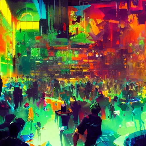 Prompt: artist impression of a vibrant, wonderfull techno party, bright vibrant colors, utopia, by by greg rutkowski, by jeremy mann, by francoise nielly