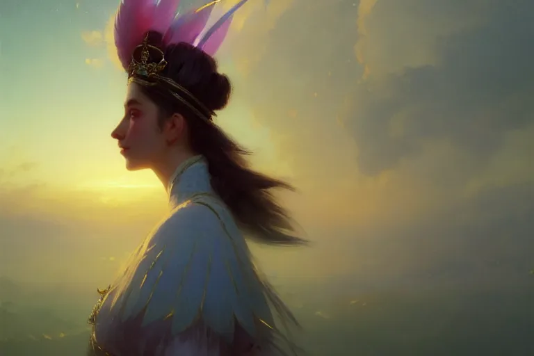 Image similar to Portrait of magical girl, wearing crown of bright feathers, painting by Ivan Aivazovsky and Greg Rutkowski, artstation, fantasy, intricate, beautiful, cinematic, octane render, arnold render, 8k, hyper realism, detailed, sharp focus, 4k uhd, masterpiece, award winning