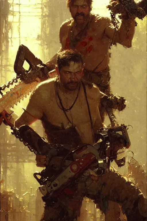 Prompt: man with a chainsaw for a head and chainsaws for arms portrait dnd, painting by gaston bussiere, craig mullins, greg rutkowski, yoji shinkawa