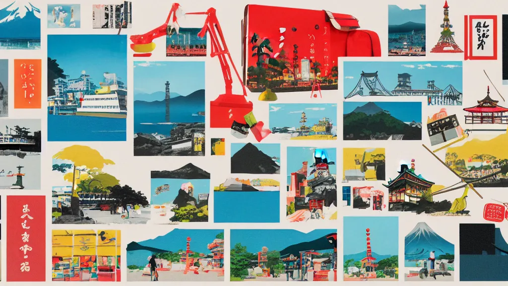 Image similar to an arrangement of tourist goods traveller props, japan, a collage painting, in the style of wes anderson, lola dupre, david hockney, isolated on negative white space background dark monochrome neon spraypaint accents volumetric octane render