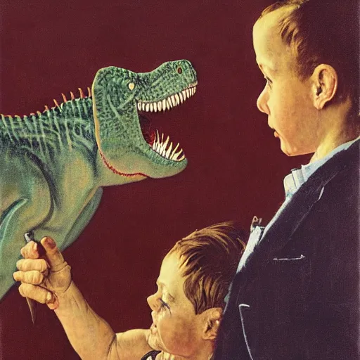 Image similar to a Norman Rockwell painting of a boy and his dinosaur