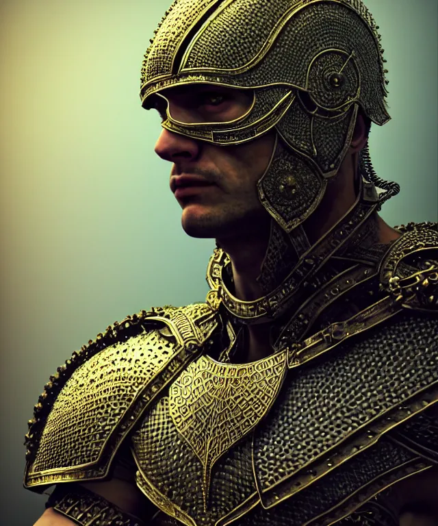 Image similar to hyperrealistic mixed media painting of a stoic male fighter, stunning 3d render inspired art by P. Craig Russell and Barry Windsor-Smith + perfect facial symmetry + dim volumetric lighting, ornate chainmail armor, head and shoulders, d&d, arms crossed, 8k octane beautifully detailed render, post-processing, extremely hyperdetailed, intricate, epic composition, grim yet sparkling atmosphere, cinematic lighting + masterpiece, trending on artstation, very very detailed, masterpiece, stunning