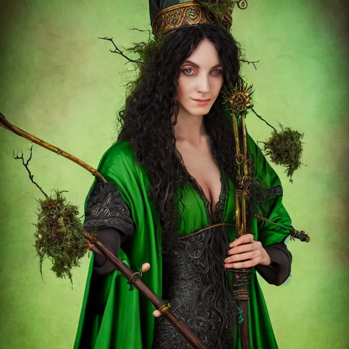 Image similar to photograph of a real-life beautiful earth witch with ornate green robes and staff. Extremely detailed. 8k