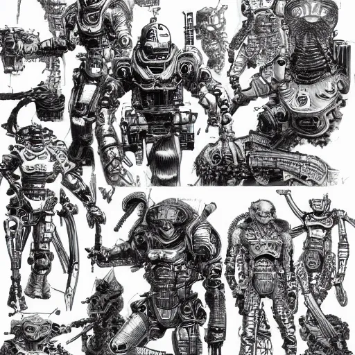 Prompt: a highly detailed line drawing of 1 0 futuristic robotic warriors by kim jung gi and bernie wrightson