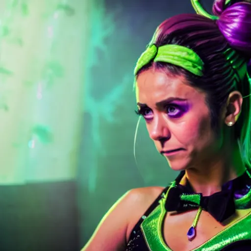 Image similar to cinematic scene with nina dobrev as jolyne from jojo's bizarre adventure, live action film, stone ocean, dramatic, small details, volumetric lighting, still frame