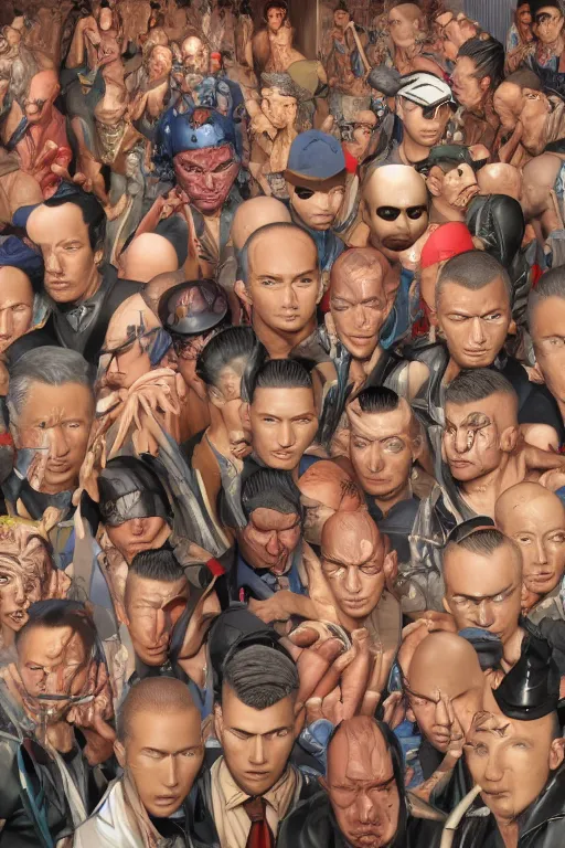 Image similar to place full of tunnel rats - pop art, hyperrealistic, smooth, by artgerm and richard hamilton and mimmo rottela and bob rafei and kazuma kaneko and bengus and yoshitaka amano, face features, human anatomy features, sharp focus, ultra realistic detail human composition, anatomy models details, multicultural race, incrinate