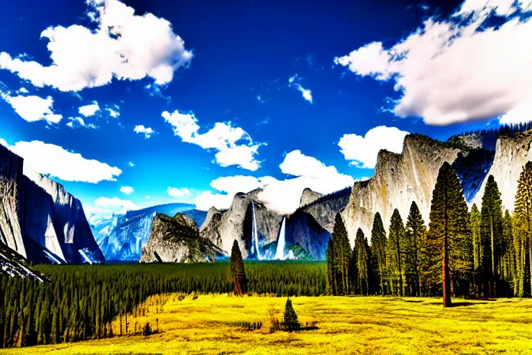 Image similar to wide, lush scenic landscape, grand majestic mountains, valley, yosemite, blue sky, white clouds, professional photography, realistic, cinematic, highly detailed