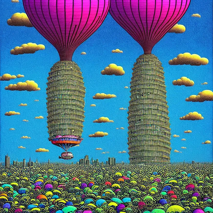 Prompt: surreal glimpse into other universe, mahanakorn tower with airship floating n the sky, summer morning, very coherent and colorful high contrast, art by!!!! rafal olbinski!!!!, geof darrow, floralpunk screen printing woodblock, dark shadows, hard lighting, stipple brush technique,