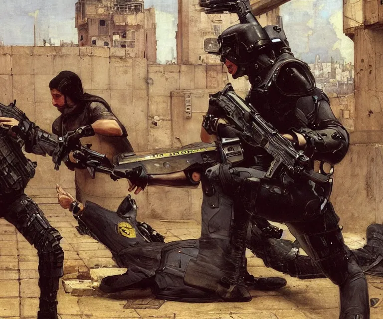 Prompt: Felica evades sgt Griggs. Cyberpunk hacker escaping Menacing Cyberpunk police trooper wearing a combat vest. (dystopian, police state, Cyberpunk 2077, bladerunner 2049). Iranian orientalist portrait by john william waterhouse and Edwin Longsden Long and Theodore Ralli and Nasreddine Dinet, oil on canvas. Cinematic, vivid colors, hyper realism, realistic proportions, dramatic lighting, high detail 4k