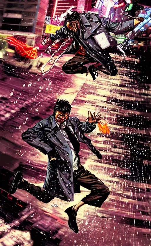 Image similar to Grizzled Trenchcoat detective fighting in the rain. Detailed dynamic anatomical proportions. Anti-hero leaping into action POV. Cybernetic kung-fu action shot. Dynamic, delirious, creative panel style by Bill Sienkiewicz. Heavy chromatic abberation. Visual distortion. Sci-Fi cyberpunk Comic page made up of art by the best artists Trending on Artstation. Octane render, Raytracing, 3d masterpiece, fantastic lighting by James Gurney. Noir detective genre.