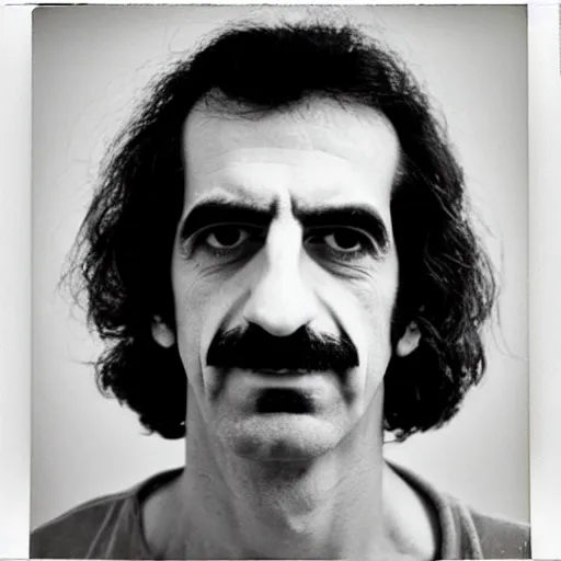 Image similar to Mugshot Portrait of Frank Zappa, taken in the 1970s, photo taken on a 1970s polaroid camera, grainy, real life, hyperrealistic, ultra realistic, realistic, highly detailed, epic, HD quality, 8k resolution, body and headshot, film still, front facing, front view, headshot and bodyshot, detailed face, very detailed face