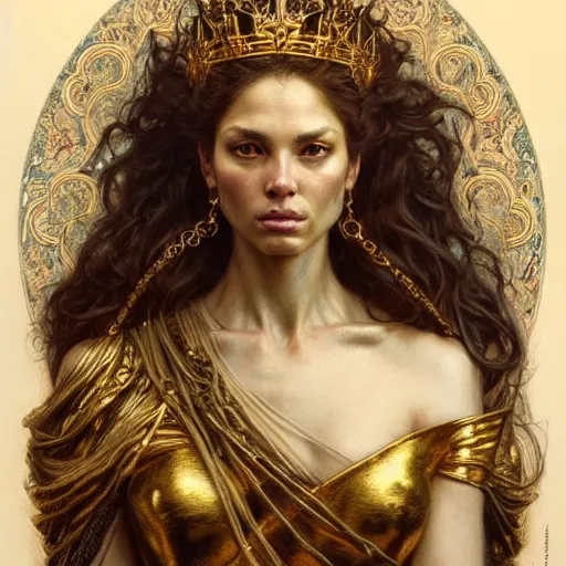 Image similar to highly detailed portrait of a majestic lioness queen in the form of a beautiful woman. d & d. art by donato giancola, eugene delacroix, ruan jia, rebecca guay. trending on artstation, intricate details, energetic composition, golden ratio, concept art, illustration, elegant art, global illuminaition