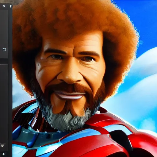 Prompt: a closeup photorealistic photograph of bob ross working on a canvas painting featuring iron man. film still. this 4 k hd image is trending on artstation, featured on behance, well - rendered, extra crisp, features intricate detail, epic composition and the style of unreal engine.