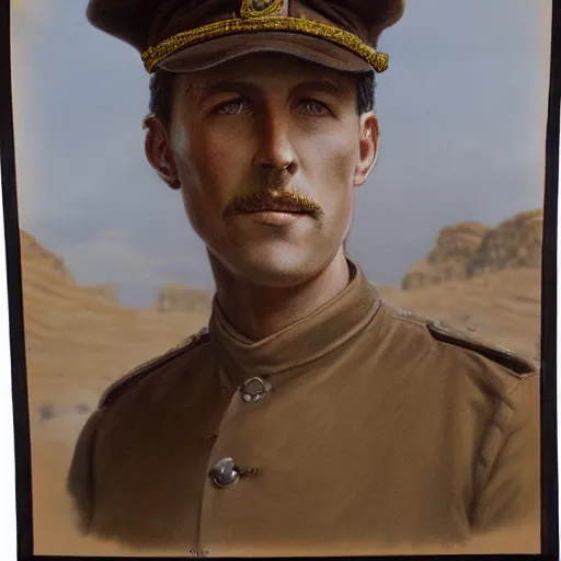 Image similar to a detailed photorealistic sepia - toned color portrait painting of a 1 9 1 7 worried clean - shaven british lieutenant in detailed field gear wearing a finely - detailed pith helmet in wadi rum, ultra realistic, intricate details, lovecraft, atmospheric, dark, horror, brooding, highly detailed, by clyde caldwell