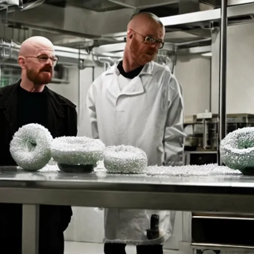 Prompt: walter white and jesse pinkman in gus frings underground laboratory making crystal covered donuts