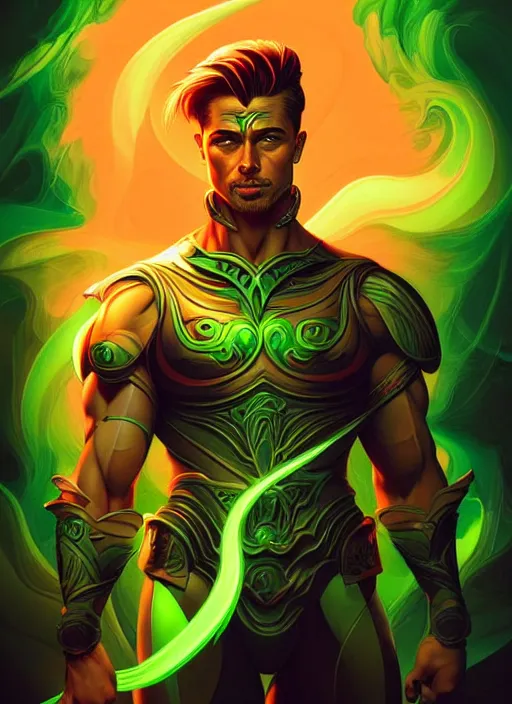 Prompt: style artgerm, joshua middleton, illustration, brad pitt as paladin, strong, muscular, muscles, orange and green tones, swirling green flames cosmos, fantasy, cinematic lighting, collectible card art