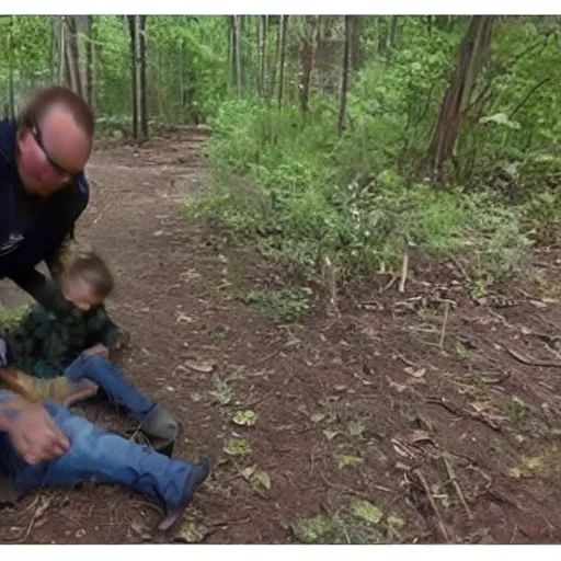 Prompt: trailcam footage of an alien kidnapping a boy