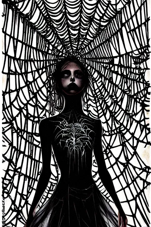 Image similar to dreamy gothic girl, black leather slim clothes, chains, covered in spider web, beautiful body, detailed acrylic, grunge, intricate complexity, by dan mumford and by alberto giacometti, peter lindbergh