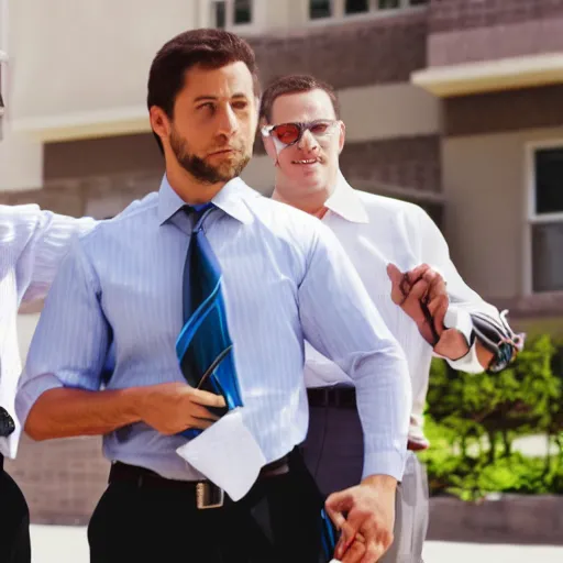 Prompt: three men in business casual outfits beating the shit out of a printer with a baseball bat, movie still, outside, sunny day